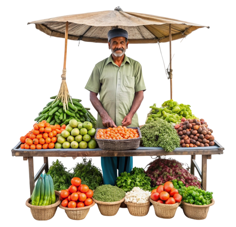 A friendly local vendor selling fresh vegetables at the market